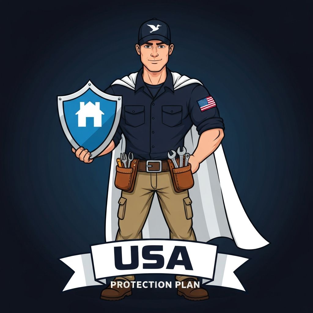 USA Protection Plan superhero technician mascot holding a shield